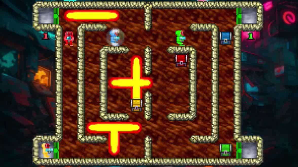 Retro arcade game screenshot featuring Blastoids with colorful characters and maze layout.