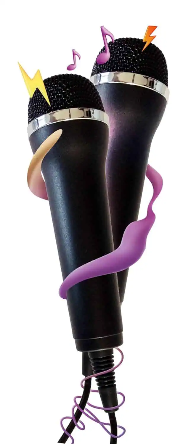 Wireless microphones with colorful musical notes and lightning bolt decorations.