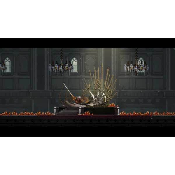 A sword-wielding character battles a large, menacing creature in a dark, gothic castle setting.