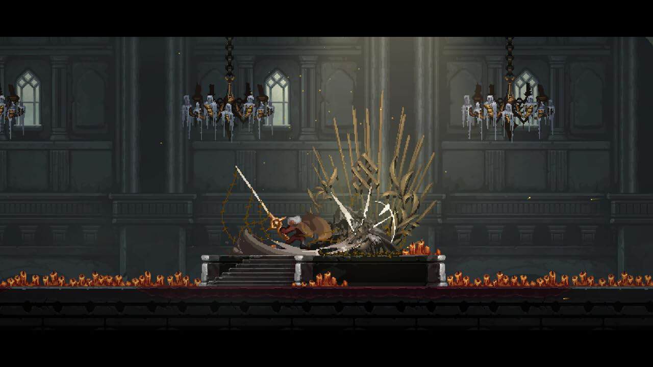 A sword-wielding character battles a large, menacing creature in a dark, gothic castle setting.