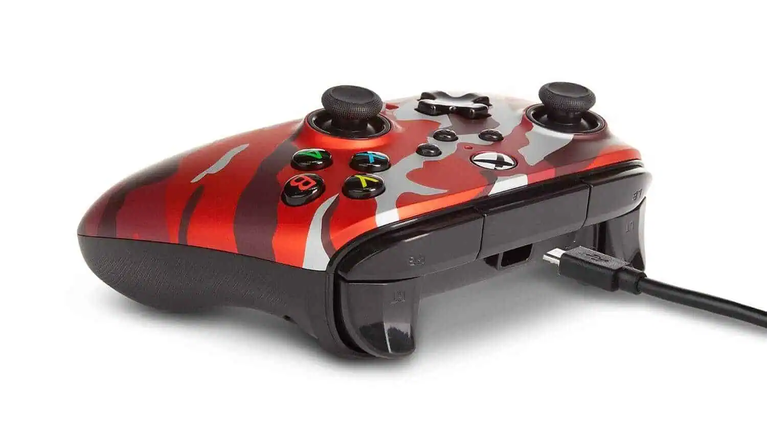 Wired Xbox Series X controller with red camouflage design.
