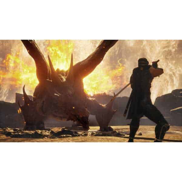 A fierce dragon and a warrior in a fiery fantasy battle scene.