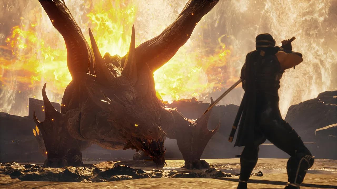 A fierce dragon and a warrior in a fiery fantasy battle scene.