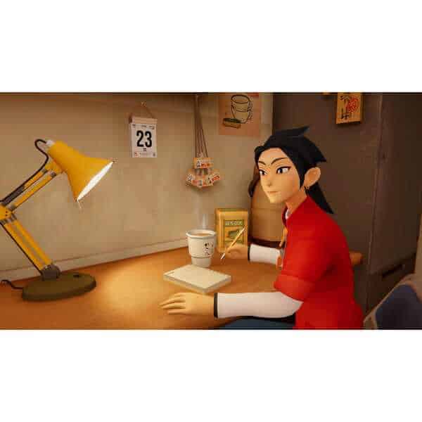 Animated character at a desk with lamp and coffee cup in inKONBINI store.