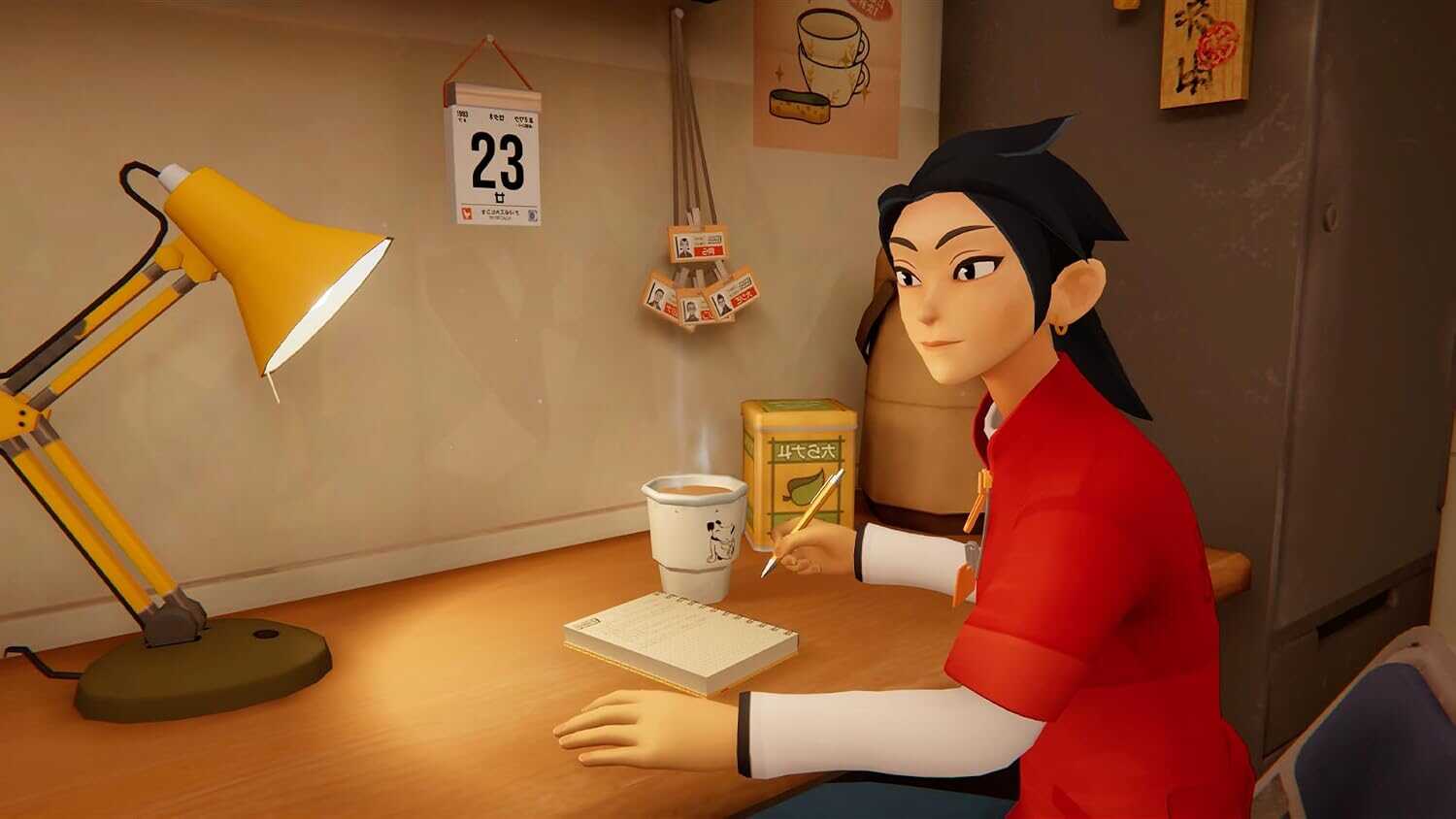 Animated character at a desk with lamp and coffee cup in inKONBINI store.