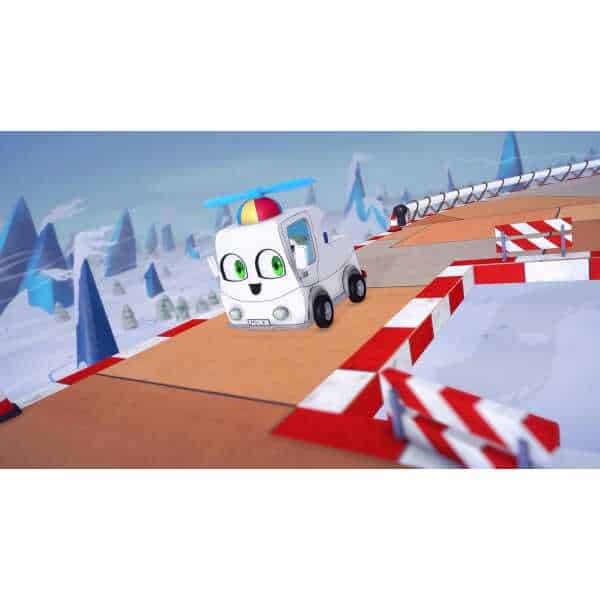 Gameware cartoon snow vehicle navigating icy track with red and white barriers.