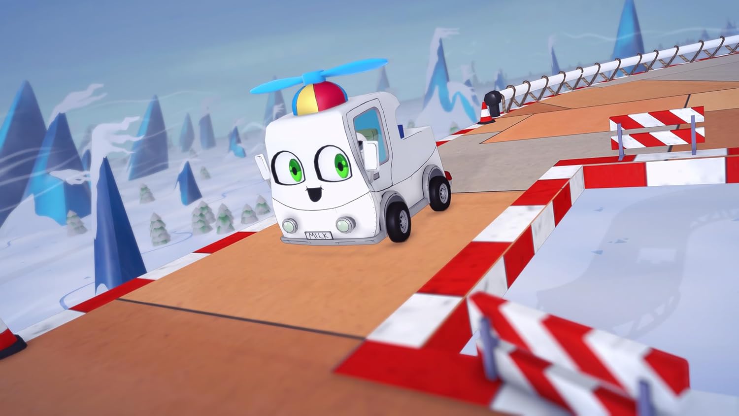 Gameware cartoon snow vehicle navigating icy track with red and white barriers.