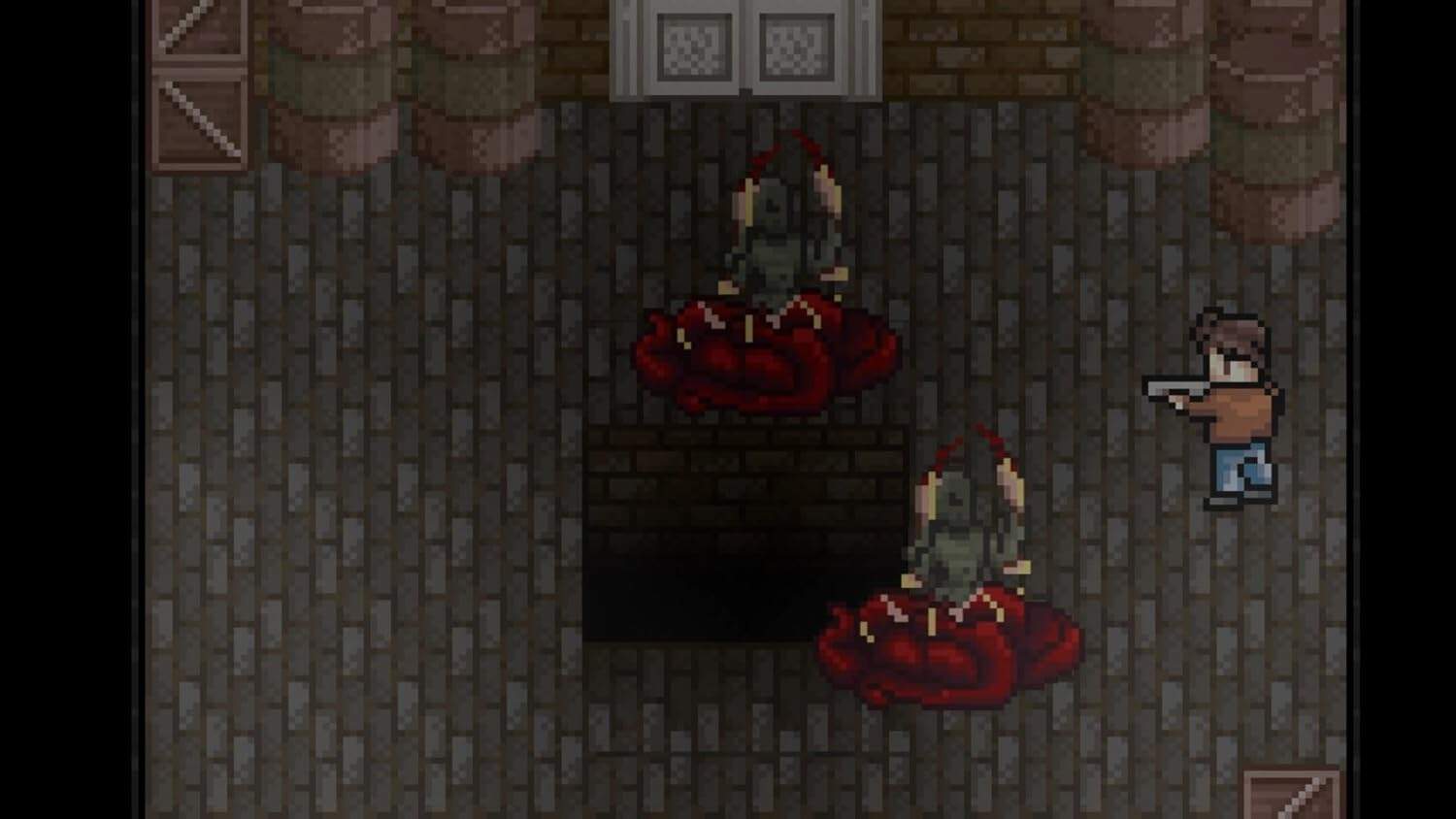 Pixel art scene from Dead of Darkness game showing monsters and a character.