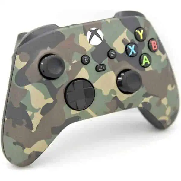 Green camo wireless controller for Xbox Series X with colorful buttons.
