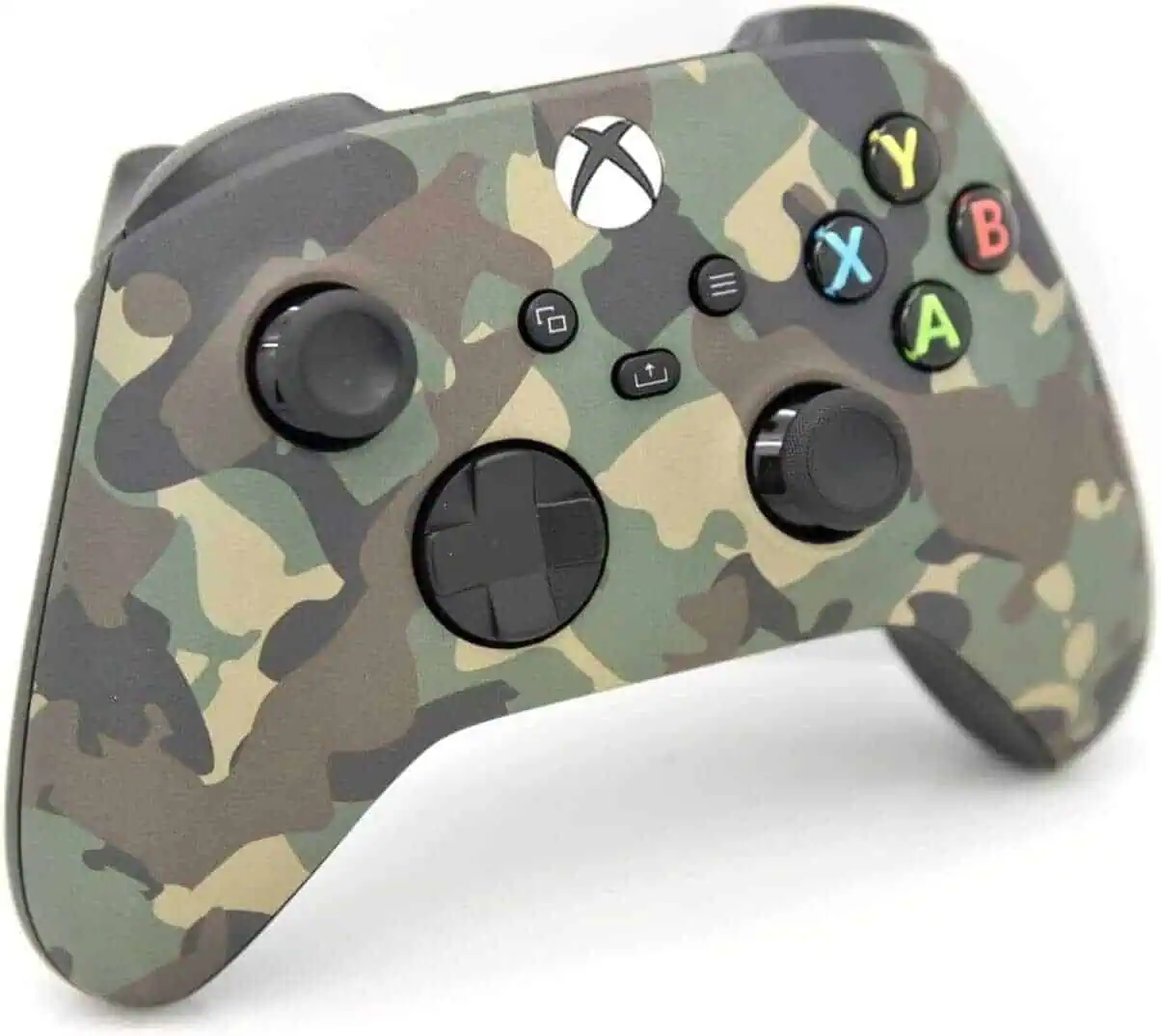 Green camo wireless controller for Xbox Series X with colorful buttons.