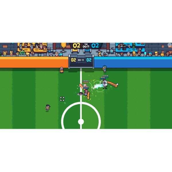 Retro pixel art soccer game with players competing on a vibrant field.