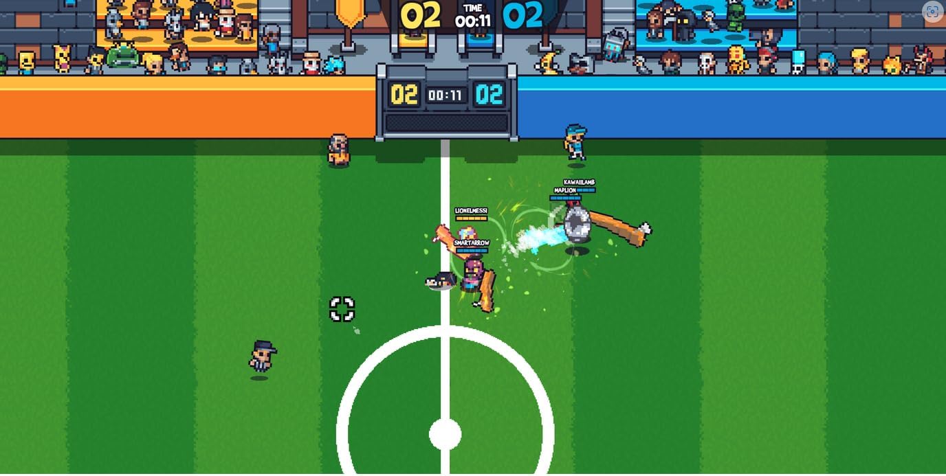 Retro pixel art soccer game with players competing on a vibrant field.