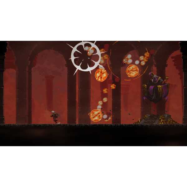 A fiery boss battle scene from a dark fantasy video game with a mage character and explosive project.