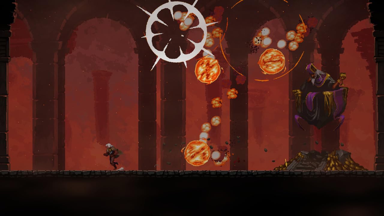 A fiery boss battle scene from a dark fantasy video game with a mage character and explosive project.