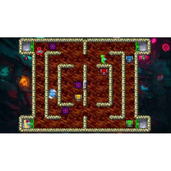 Pixel art game screenshot of Blastoids by Gameware, featuring colorful characters and maze-like game.