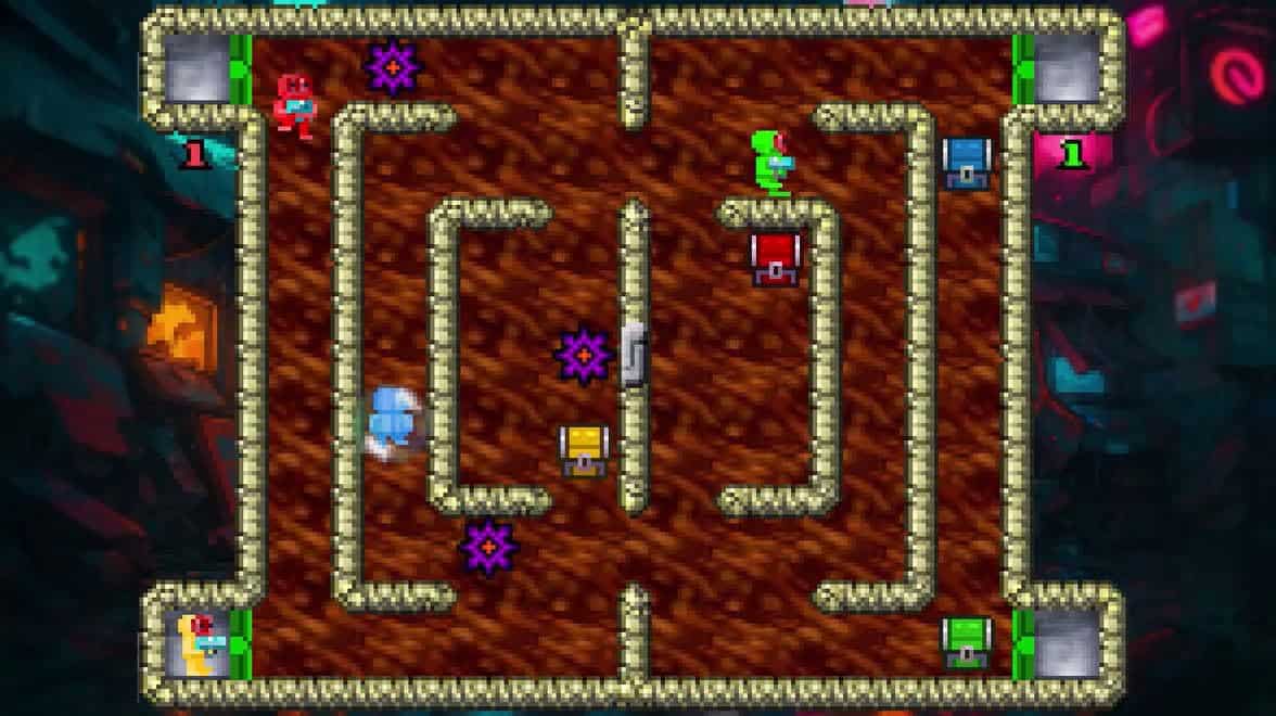 Pixel art game screenshot of Blastoids by Gameware, featuring colorful characters and maze-like game.