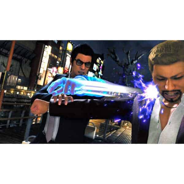 A futuristic character using a high-tech energy weapon in an urban night setting.