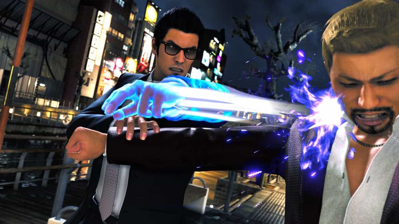 A futuristic character using a high-tech energy weapon in an urban night setting.