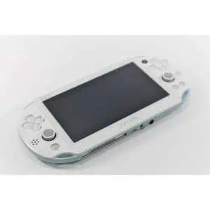 Light blue Sony PlayStation Vita Slim console with controls and screen.