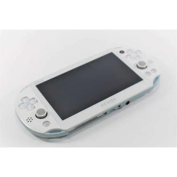 Light blue Sony PlayStation Vita Slim console with controls and screen.
