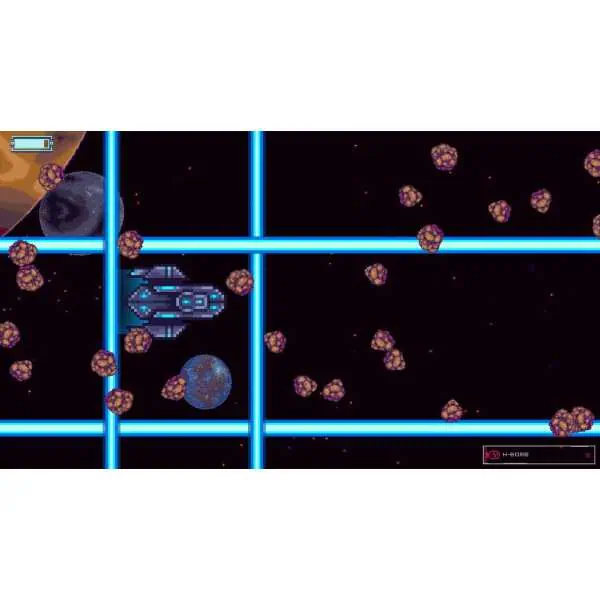 Futuristic space game interface with glowing blue grid and asteroid field.