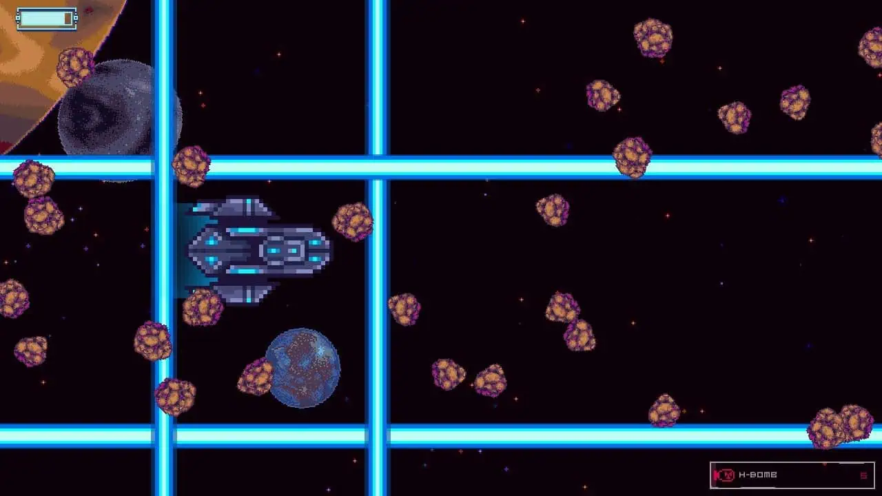 Futuristic space game interface with glowing blue grid and asteroid field.