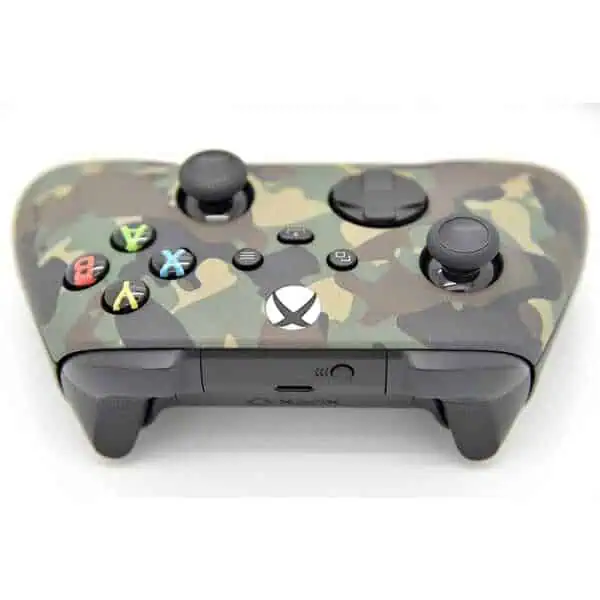 Green camo Xbox Series X wireless controller with ergonomic design.