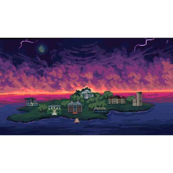 Dark island landscape with ominous sky, lightning, and eerie atmosphere.