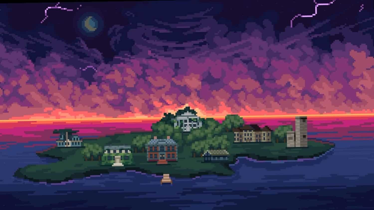 Dark island landscape with ominous sky, lightning, and eerie atmosphere.