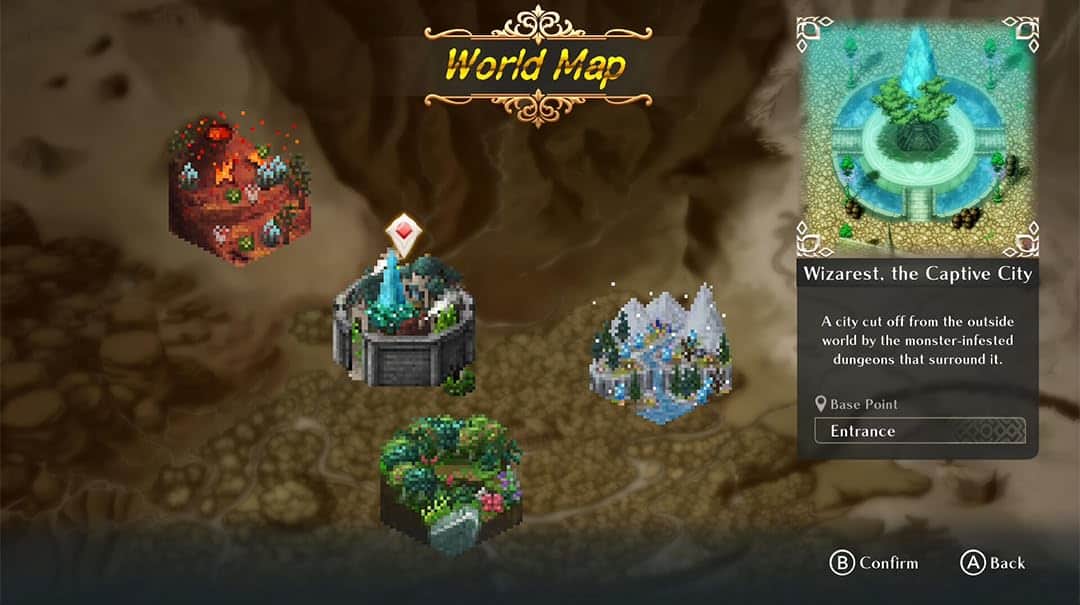 Map of WiZmans World Re;Try showing key locations and dungeons.