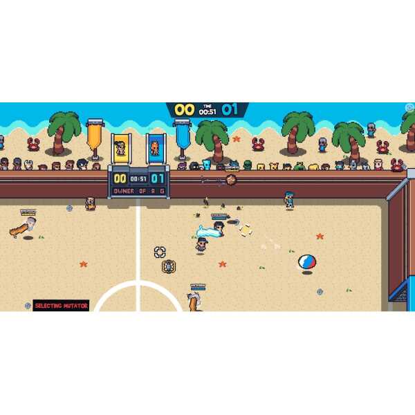Beach volleyball game screenshot with pixel art style and players in action.