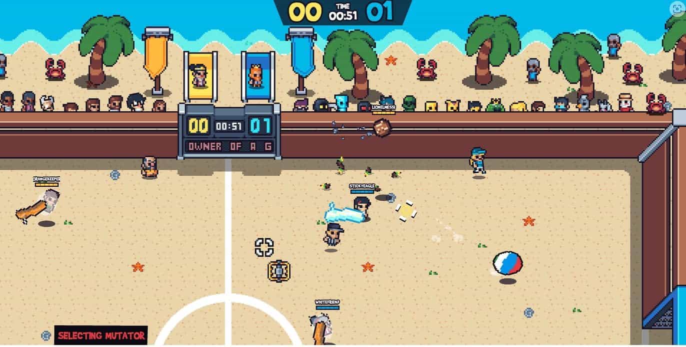 Beach volleyball game screenshot with pixel art style and players in action.