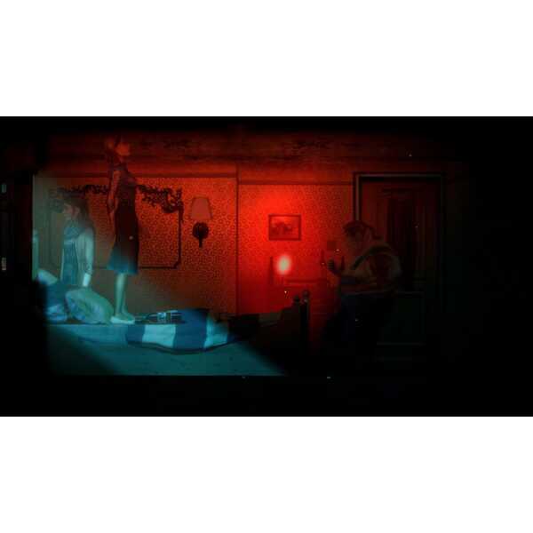 Dark bedroom scene with eerie lighting and horror-themed decor.