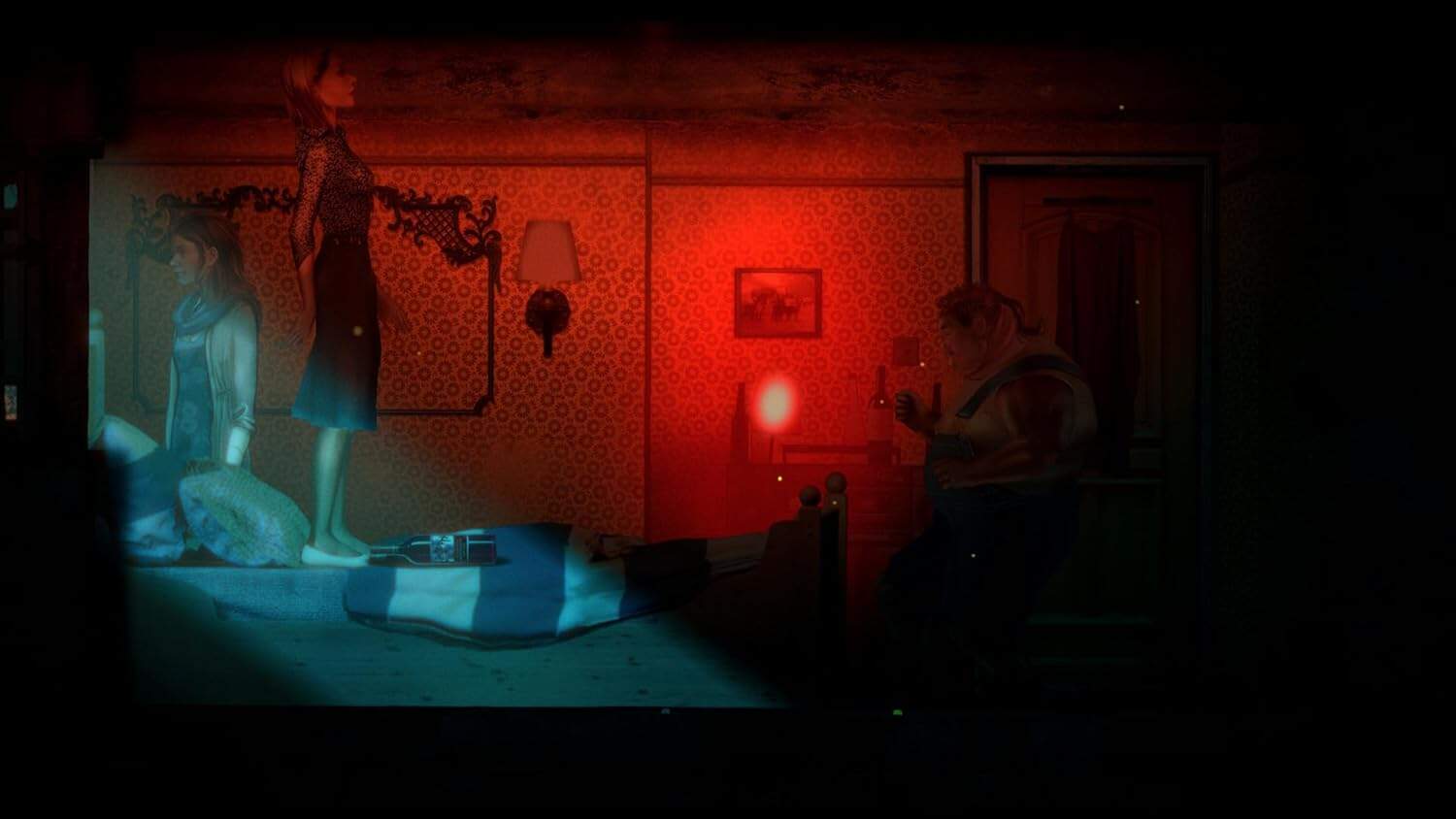 Dark bedroom scene with eerie lighting and horror-themed decor.