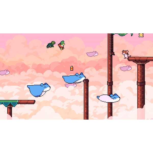 Vibrant pixel art scene with flying whales and a character in a windswept sky.