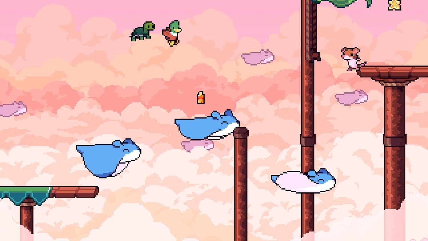 Vibrant pixel art scene with flying whales and a character in a windswept sky.
