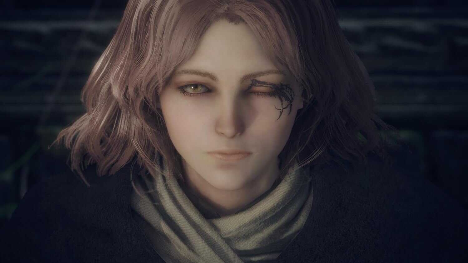 Close-up of a female character from Elden Ring Tarnished Edition game.