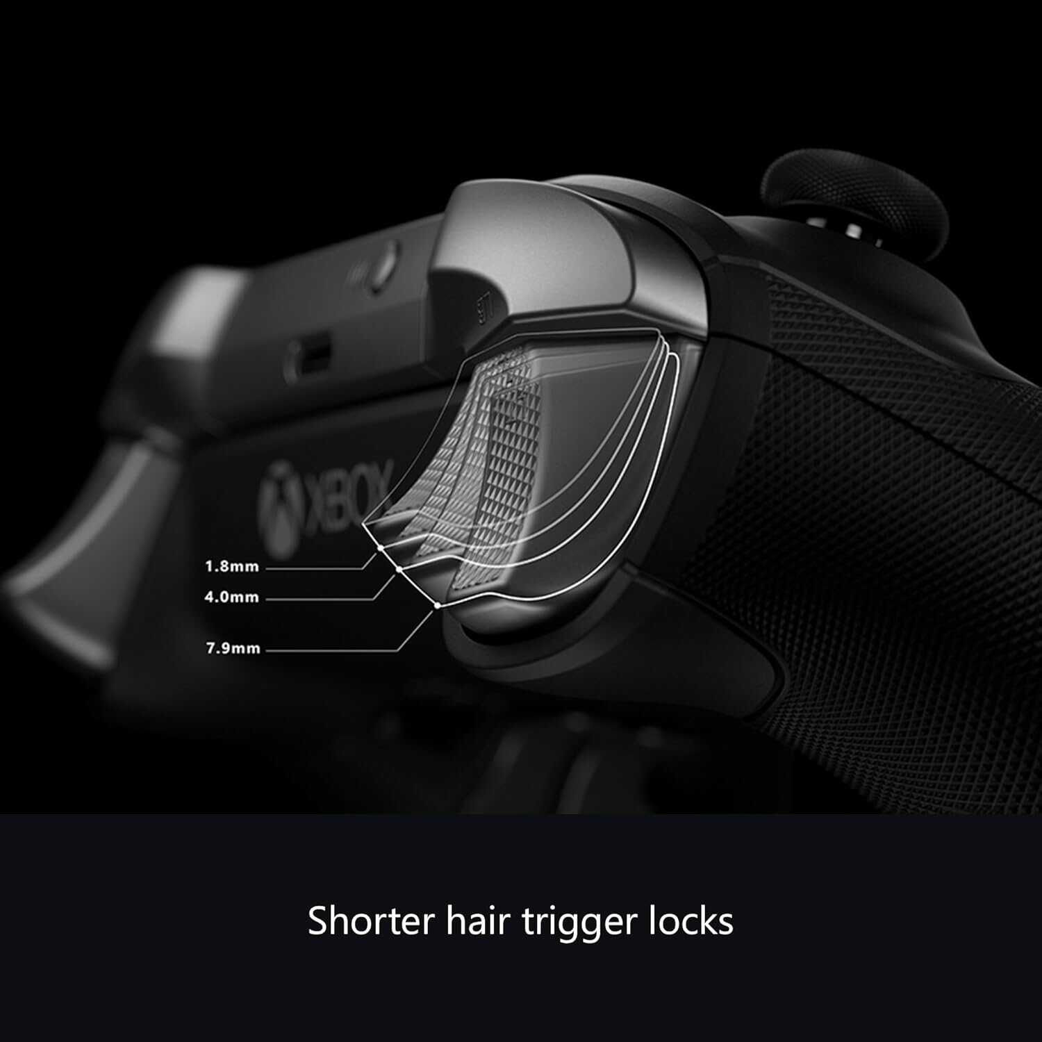 Close-up of Xbox Series X Elite Series 2 Wireless Controller with shorter hair trigger locks.