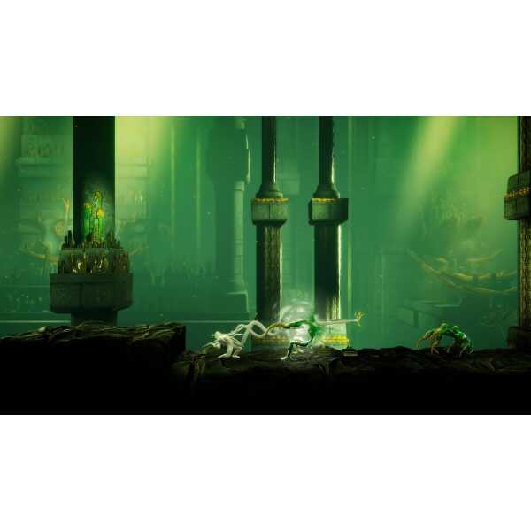 Dark, atmospheric scene from Grime II with glowing green elements and mysterious creatures.