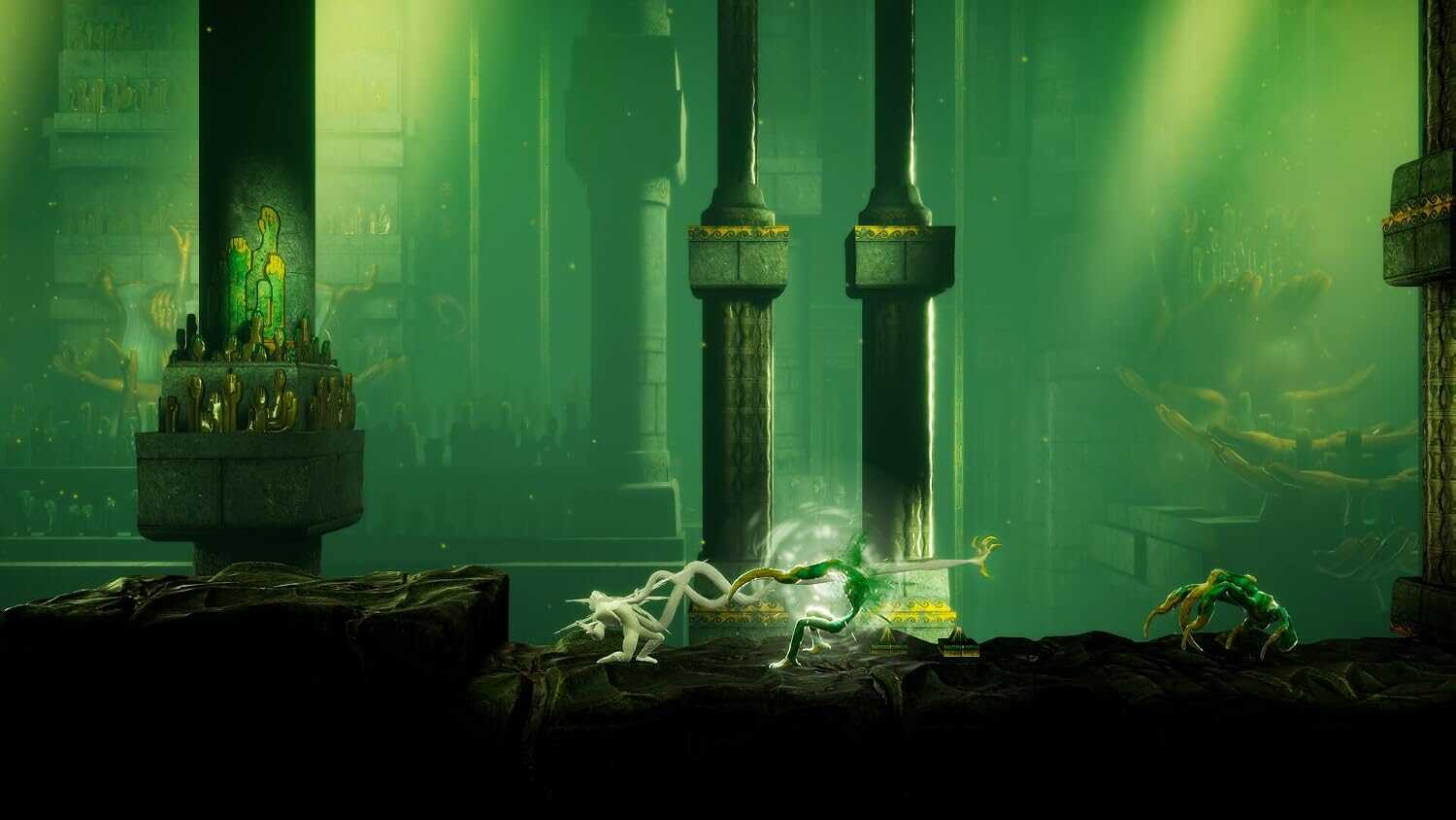 Dark, atmospheric scene from Grime II with glowing green elements and mysterious creatures.