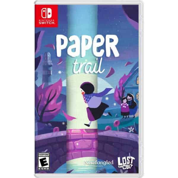 Colorful illustration of a girl jumping on a paper trail bridge at night.