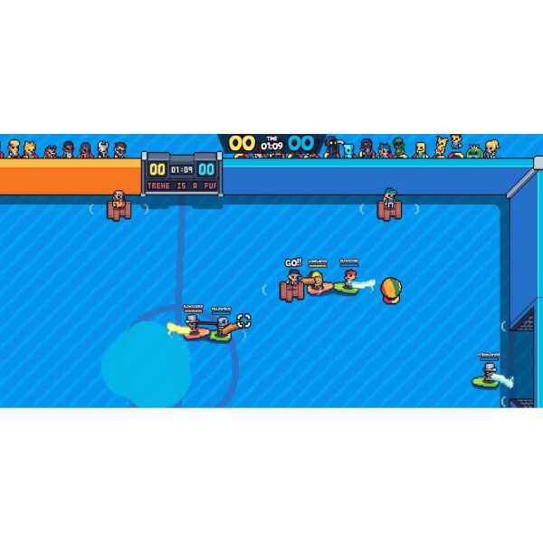 Water polo game scene at Gameware, featuring players competing in an indoor pool.