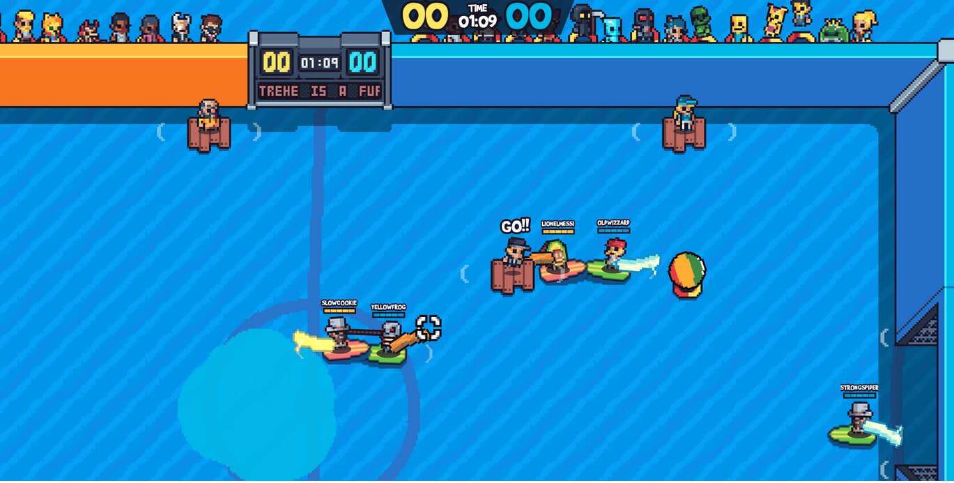 Water polo game scene at Gameware, featuring players competing in an indoor pool.
