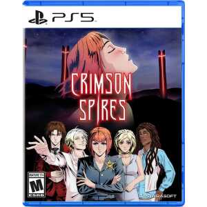 Crimson Spires game cover art featuring diverse female characters and a dramatic night sky scene.