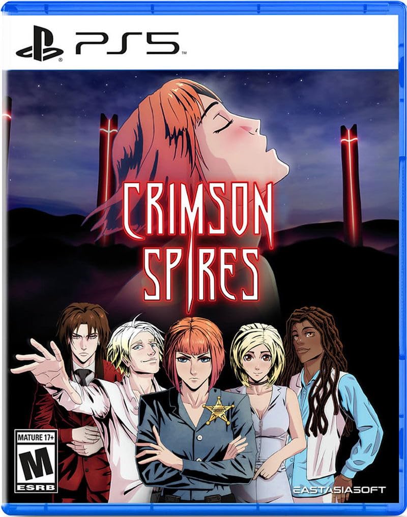 Cover art for Crimson Spires, a PS5 game showcasing a diverse cast of female characters in a mysterious, dark setting. Crimson Spires game cover art featuring diverse female characters and a dramatic night sky scene.
