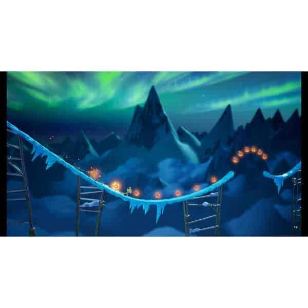 Stunning view of the aurora borealis over snowy mountains and roller coaster.