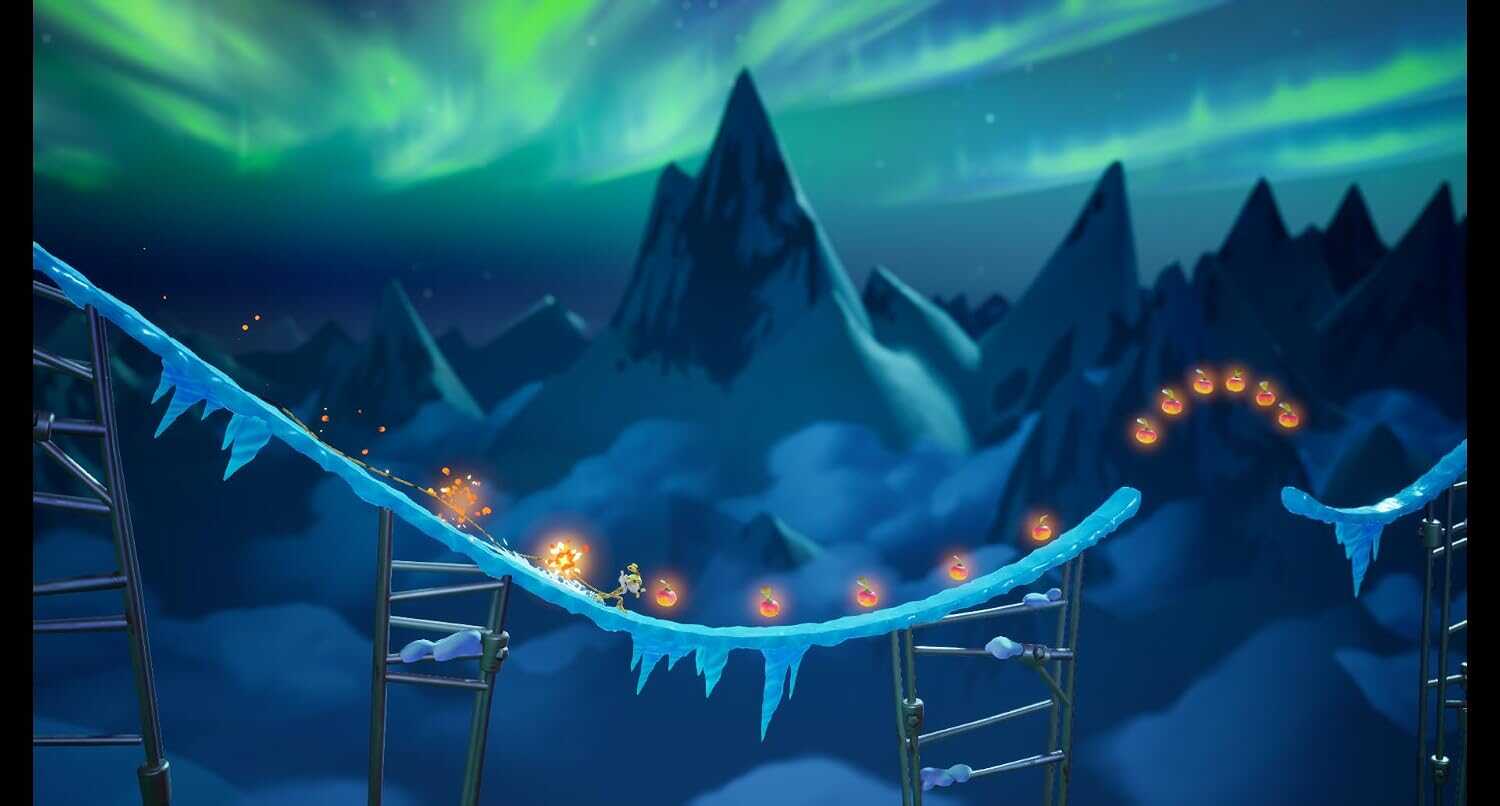 Stunning view of the aurora borealis over snowy mountains and roller coaster.