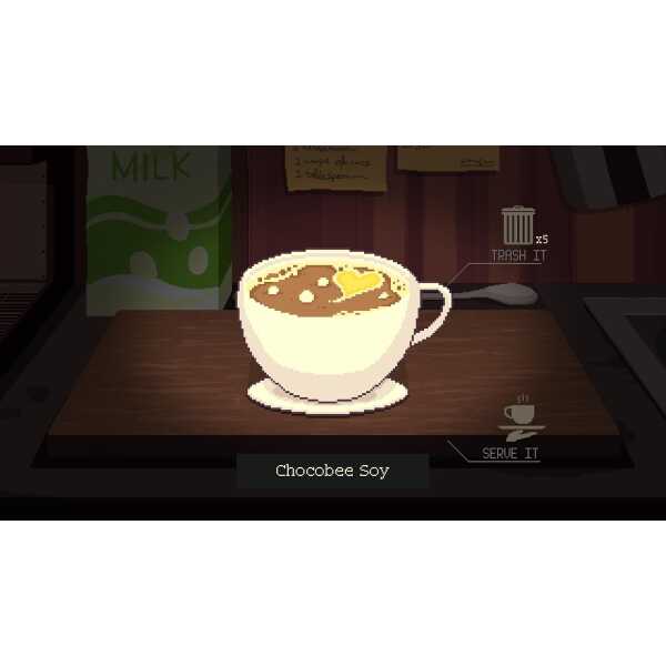 Pixel art of Chocobee Soy coffee on a wooden table at Gameware.