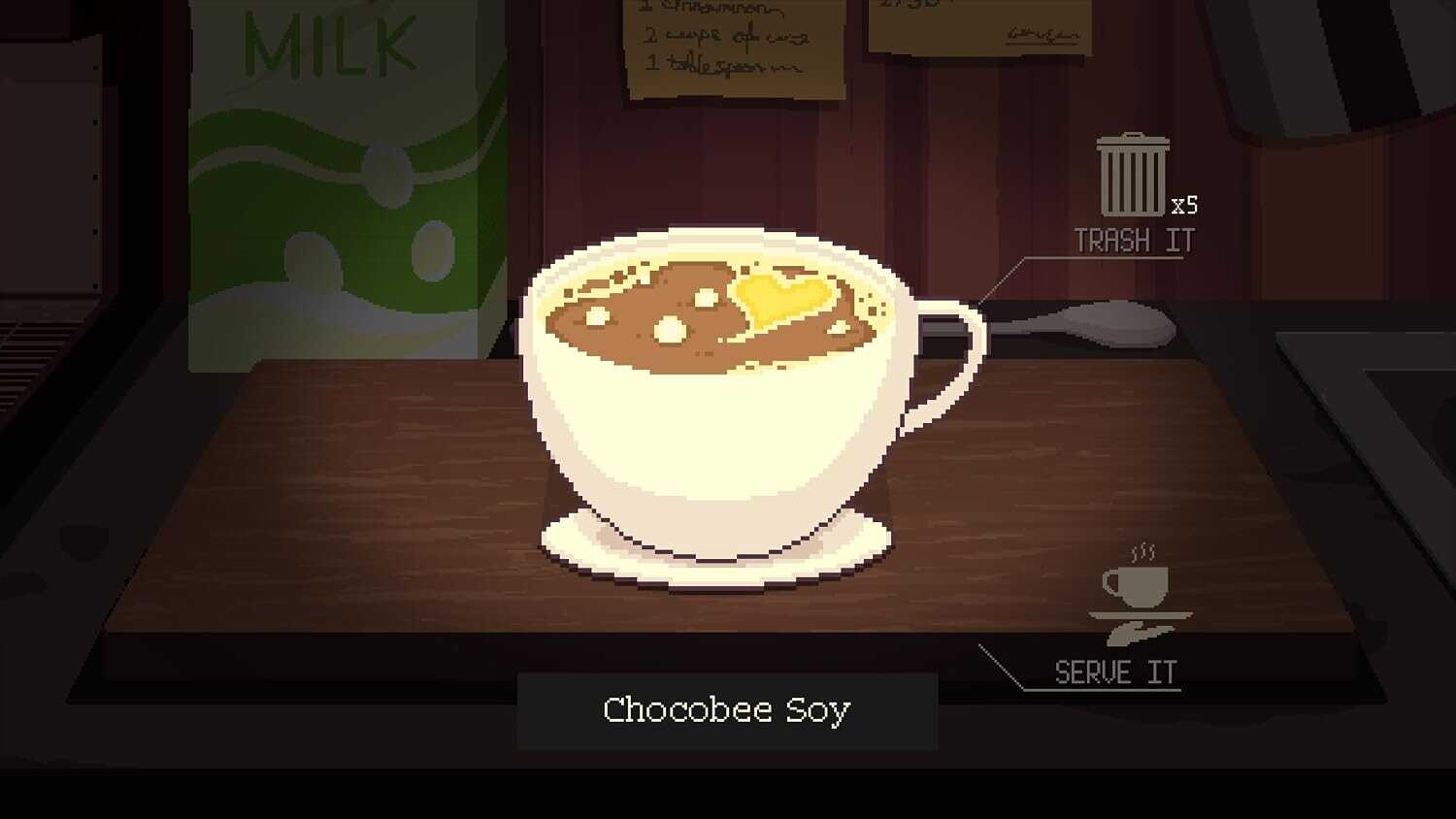 Pixel art of Chocobee Soy coffee on a wooden table at Gameware.