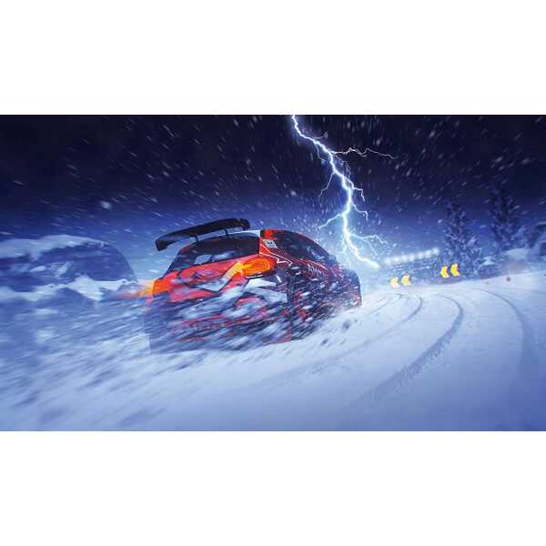 A lightning storm illuminates a rally car racing through snowy terrain, emphasizing extreme weather.